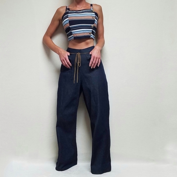 RARE Vintage 1970s Beware High Rise Leather Tie-Waist Wide Leg Stretchy Jeans - Picture 2 of 12